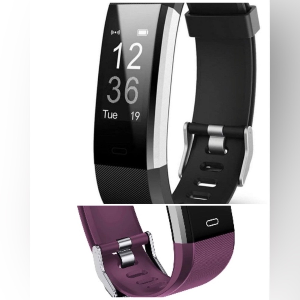 Lintelek ID115Plus Fitness Tracker, Purple + Black Bands, Heart Rate Tracker +